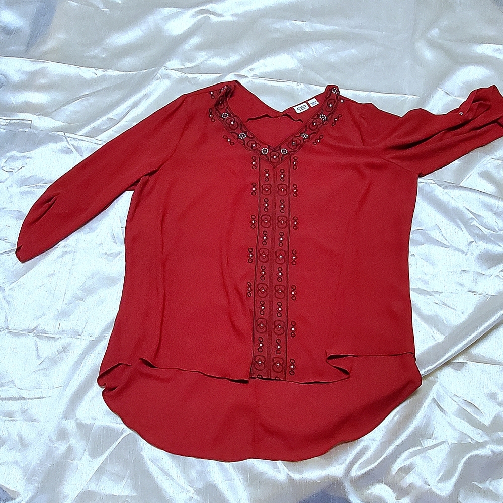 Elegant Red Plus Size V-Neck Blouse with Embroided Trim and Studs by Cato
